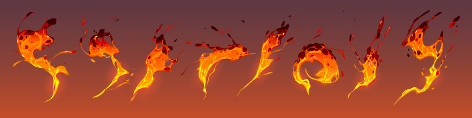 Liquid lava splashes with fire and drops. Molten magma waves and splatters volcanic eruption effect with flying and falling hot lava flows, vector cartoon illustration