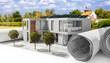 Bauplannung an einem energieeffizienten Mehrfamilienhaus mit Solarmodulen platziert in einer Kulturlanschaaft - 3D Visualisierung