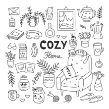 Cute Vector Set Of Hand Drawn Doodles About Home Comfort, Quarantine, Work At Home. Isolated On White Background.