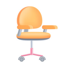 Wall Mural - Orange office chair with wheels 3D icon. Comfortable modern chair for computer desk at home or workplace 3D vector illustration on white background. Furniture, job concept