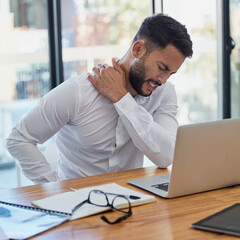 Aufkleber - Man, shoulder pain and laptop while working in office suffering from stress, depression and burnout at desk. Arab businessman sitting to massage body feeling tired and fatigue