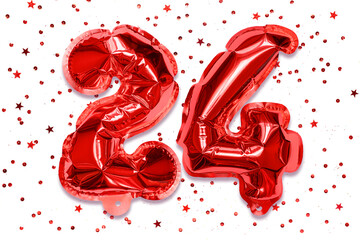 Wall Mural - The number of the balloon made of red foil, the number twenty-four on a white background with sequins. Birthday greeting card with inscription 24. Numerical digit, Celebration event.