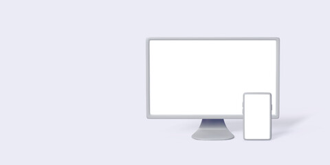 Poster - Mock up of 3D PC monitor and mobile phone front view. Modern gadgets with white screens for banner design