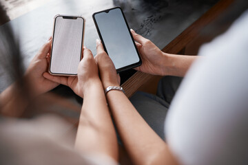 mockup screen, advertising and friends marketing a mobile app, communication and internet connection