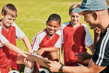 Sticker - Soccer, children and coach with clipboard talking game plan, team training and formation on soccer field outdoor for fitness, competition and sport. Man talking to junior football group planning game