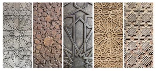Set of vertical or horizontal banners with traditional islamic ornament on wooden and metal doors. Window shutters with antique iranian pattern