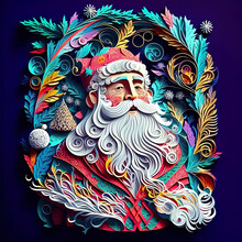 Christmas Realistic 3d Papercut Santa  Claus. Modern Colourful Paper Craft Art Concept. Cut-out Santa Claus Background Wallpaper. Generative AI