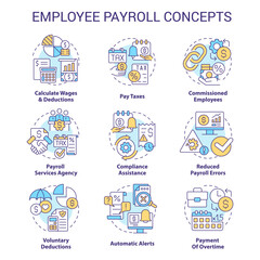 Poster - Employee payroll concept icons set. Worker salary for job. Compensation idea thin line color illustrations. Isolated symbols. Editable stroke. Roboto-Medium, Myriad Pro-Bold fonts used