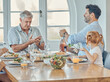 © Delcio F/peopleimages.com - Lunch, dining room and family eating together in celebration at a modern home with food and champagne. Hurt grandfather in retirement, father and child enjoying a food meal at a dinner table at house