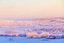 Beautiful Winter Landscape At Sunset In The Countryside