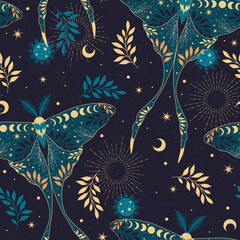Wall Mural - Vector seamless pattern with moon moth and stars. Contemporary composition. Trendy texture for print, textile, packaging.
