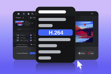 Poster - New version of the program for video editing where it renders in the format mp4 h.264. Motion designer software. Creating video effects and animations. Vector illustration.

