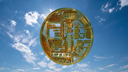Poster - 3D render of a rotating Golden bitcoin real coin, minted on a green background, Bitcoin coin spinning, Gold Bitcoin in a 360-degree turn, alpha channel, chroma key