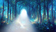 Leinwandbild Motiv Dark magical fairy tale forest background with beam of light