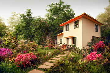 Wall Mural - House in beautiful summer garden with flowers and trees