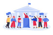 Minister giving speech in background of parliament building. Man or speaker giving political election speech in front of audience flat vector illustration. Government, politics concept