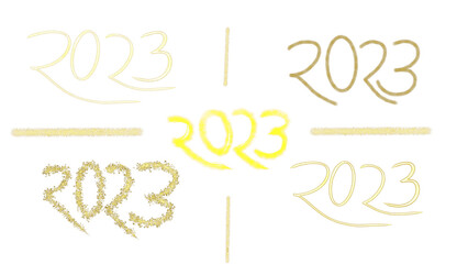 2023 new year typography design. happy new year. colors of gold glitter typographic illustration with free spaces.