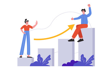 Wall Mural - People achieve career goals and professional growth. Man and woman develop careers, increase income, scene isolated. Motivation, business progress concept. Illustration in flat minimal design