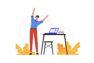 Wall Mural - Man does warm-up at workplace in office. Employee doing exercises while working, people scene isolated. Healthy lifestyle and physical activity concept. Illustration in flat minimal design