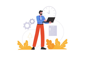 Poster - Man works on schedule and completes tasks on time. Organization of work process, deadlines and projects, people scene isolated. Time management concept. Illustration in flat minimal design