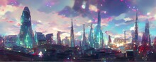 Sci-Fi Cityscape With Crystal Elements. Futuristic City Scene Panorama. Sci Fi Wallpaper. Retro Future 3D Illustration. Urban Scene. Great As Background Or For Your Art Projects.