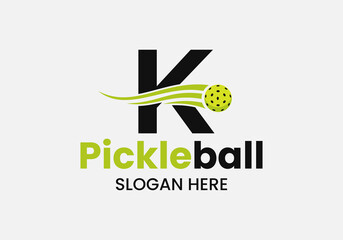 Wall Mural - Letter K Pickleball Logo Concept With Moving Pickleball Symbol. Pickle Ball Logotype Vector Template