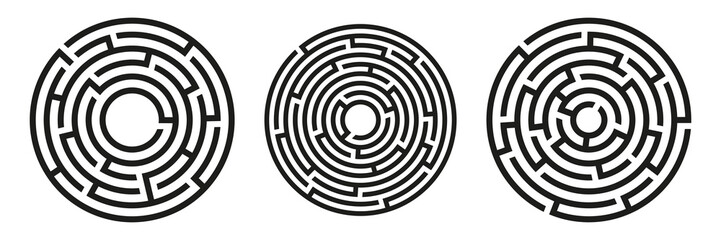 Black circle vector mazes isolated on white background. Black labyrinths with one and three entrances. Vector maze icon. Labyrinth symbol. Circle puzzle