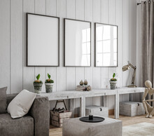 Mockup Frame In Scandinavian Farmhouse Living Room Interior, 3d Render