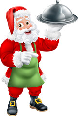 Wall Mural - A Christmas Santa Claus father Christmas cartoon food chef holding a silver cloche platter tray