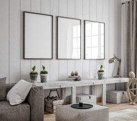 Mockup frame in Scandinavian farmhouse living room interior, 3d render