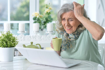 Sticker - Portrait of beautiful senior woman sitting at table with laptop