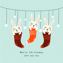  Christmas Cards With Cute Rabbits. Vecto