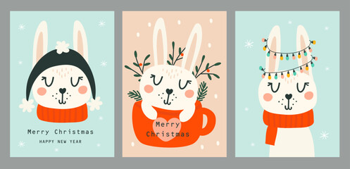 Wall Mural - christmas cards with cute rabbits. vector illustrations