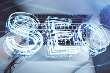 Poster - Double exposure of SEO drawing over study table background with computer. Concept of search. Top view.