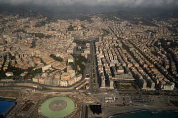 Wall Mural - genoa italy aerial panorama landcape from airplane new fiera del mare buildings