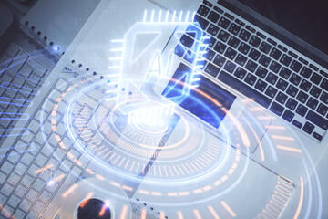 Poster - Multi exposure of data theme drawing hologram over topview work desk background with computer. Concept of technology.