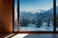 View Of Winter Landscape Through Wooden Frame Of Window