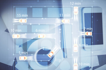 Poster - Multi exposure of auto technology theme drawing over table with phone. Top view. Concept of automatic pilot.