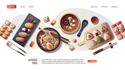 Web page design with Sushi, Miso soup, ramen, onigiri. Japanese food, healthy eating, cooking, menu concept. Vector illustration. Banner, website, advertising.