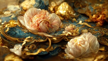 Wall Mural - Abstract flowers Roses and Peony, gold, rose and blue, luxury background 