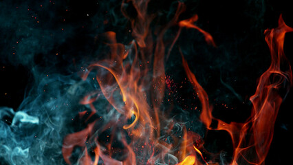 Wall Mural - Fire flames isolated on black background.