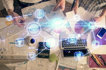 Poster - Double exposure of man and woman working together and social network theme hologram drawing. Computer background. connecting concept. Top View.