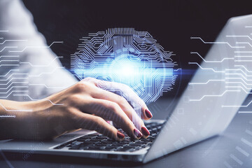 Poster - Multi exposure of woman hands working on computer and human brain hologram drawing. Ai tech concept.