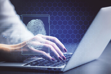 Poster - Double exposure of woman hands typing on computer and fingerprint drawing. Security concept.