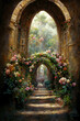 AI generated image of an ornate medieval rococo archway covered with flowers at the entrance of a palace 