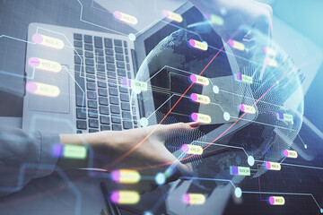 Poster - Double exposure of woman hands working on computer and world map hologram drawing. International technology business concept.