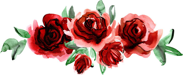 Dark red roses bouquet. Watercolor hand painted illustration.