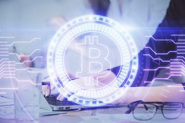 Poster - Double exposure of woman hands typing on computer and crypto market theme hologram drawing. Blockchain concept.