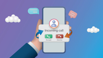 Poster - Incoming call on mobile phone. Hand holding smartphone answer and decline buttons on screen.