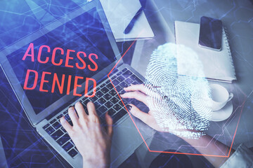 Poster - Double exposure of woman hands typing on computer and fingerprint drawing. Security concept.